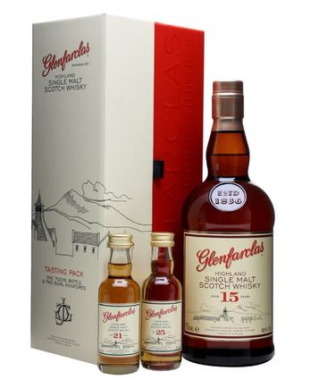 Glenfarclas 15 Jahre alt with 21 & 25 y/o miniatures